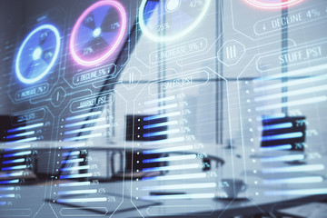 Business theme hologram on conference room interior background. Double exposure. Concept of brainstorming in business.