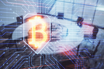 Blockchain theme hologram on conference room background. Double exposure. Concept of cryptocurrency