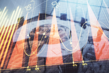 Double exposure of forex chart on conference room background. Concept of stock market analysis