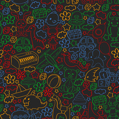 Vector pattern with children toys. Kindergarten elements in doodle style for little kids. Education, play, grow