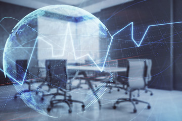 Double exposure of stock market graph with globe hologram on conference room background. Concept of international finance