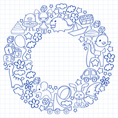 Vector pattern with children toys. Kindergarten elements in doodle style for little kids. Education, play, grow