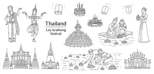 Loy krathong - national Thailand festival of light, black and white outline