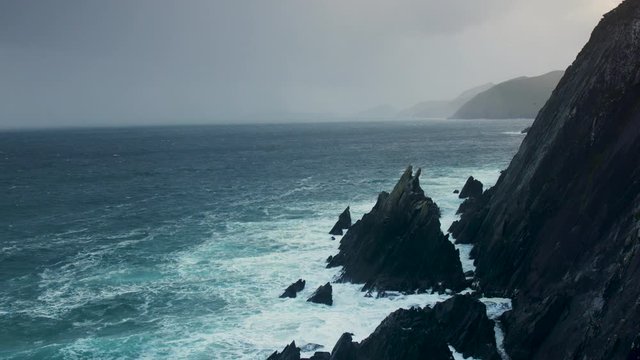 footage of the rocky coastline at Coumeenoule in the dingle peninsula on the southern coast of Ireland, a filming location of the star wars movies