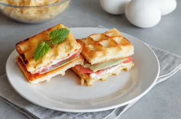 Chaffles with salmon. Egg and cheese waffles for breakfast. Keto diet. Cheese waffle.