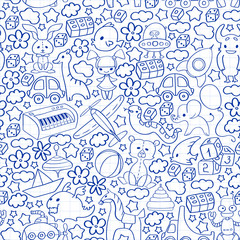 Vector seamless pattern with children toys. Kindergarten elements in doodle style for little kids. Education, play, grow