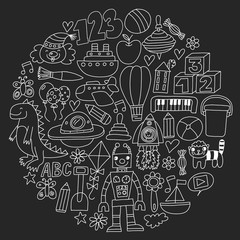 Vector pattern with children toys. Robot, rocket, horse, doll