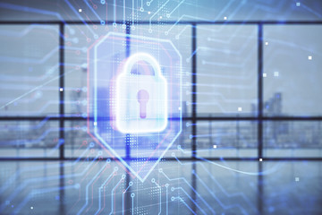 Double exposure of lock icon hologram on empty room interior background. Data security concept.