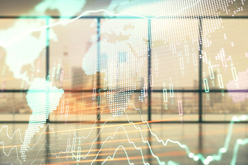 Double exposure of financial chart with world map on empty room interior background. International market concept.