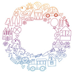 Vector pattern with children toys. Robot, rocket, horse, doll