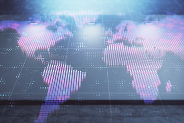 Double exposure of world map on empty room interior background. International network concept.