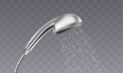 Realistic metal shower head with water flowing down the nozzle