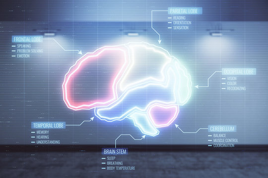 Double exposure of brain icon hologram on empty room interior background. Education concept.