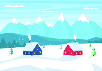 Winter landscape on a background of mountains. A snowy day in a cozy Christmas village.