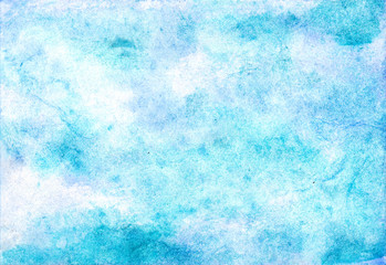 Watercolor background with light blue splashes for artistic banner, template postcard design. Abstract water in trendy minimal style with tender turquoise ombre painting. Watercolour vintage texture.
