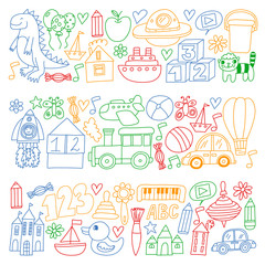 Vector pattern with children toys. Robot, rocket, horse, doll