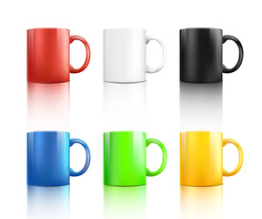 Ceramic drink mug set of various colors vector realistic illustration isolated.