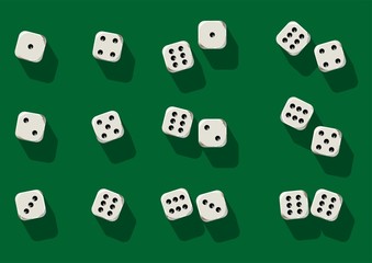 Top view of white dice. Casino dice on green