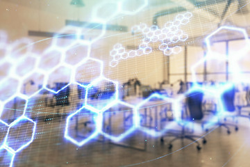 Technology theme drawing with office interior on background. Multi exposure. Concept of innovation