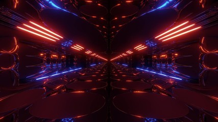 endless abstract alien scifi tunnel corridor with glowing lights and reflections 3d rendering background wallpaper