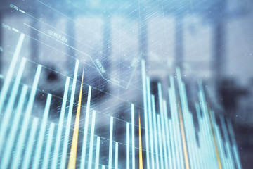 Stock and bond market graph with trading desk bank office interior on background. Multi exposure. Concept of financial analysis