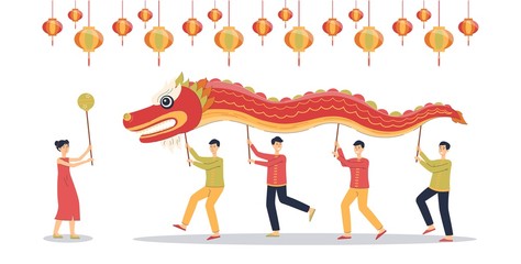 Cartoon people holding Chinese red dragon mascot above their heads