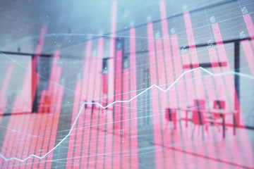 Stock and bond market graph with trading desk bank office interior on background. Multi exposure. Concept of financial analysis