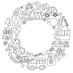 Vector pattern with children toys. Robot, rocket, horse, doll