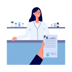 Prescription form in drugstore with pharmacist flat cartoon vector illustration.