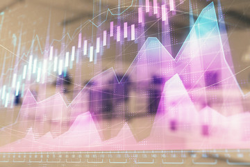 Stock market chart with trading desk bank office interior on background. Double exposure. Concept...