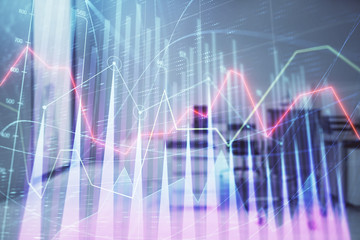 Stock market chart with trading desk bank office interior on background. Double exposure. Concept of financial analysis