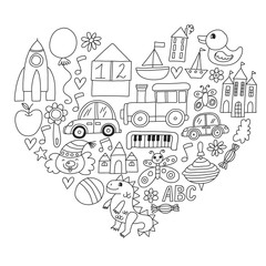 Vector pattern with children toys. Robot, rocket, horse, doll