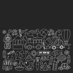 Kindergarten preschool school children. Kids drawing style vector pattern. Play grow learn together.