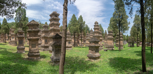 Panoramic  view of Pagoda forest in Shaolin temple, Dengfeng, Henan Province, China. burial place for eminent monks of temple over the centuries, and the biggest group of pagodas in the world.