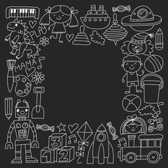 Kindergarten preschool school children. Kids drawing style vector pattern. Play grow learn together.