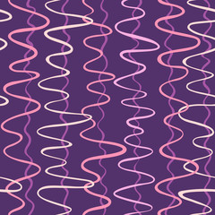 Seamless abstract texture with light and dark pink hand drawn curves isolated on purple background; Vector colorful endless pattern for fabric print, gift wrap, invitations and wrapping paper