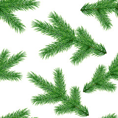 Seamless pattern with realistic spruce branches isolated on white background; Vector botanical illustration; Endless decorative texture with green Christmas tree twigs