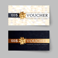 Vector set of luxury gift vouchers with ribbons and bow. Elegant template for a festive gift card, coupon and certificate. Discount Coupon Template. Vector Illustration EPS10
