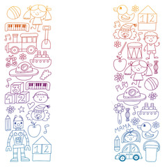 Obraz premium Kindergarten preschool school children. Kids drawing style vector pattern. Play grow learn together.