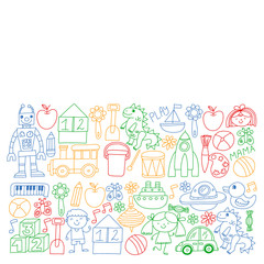 Kindergarten preschool school children. Kids drawing style vector pattern. Play grow learn together.