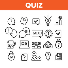 Quiz Game Collection Elements Icons Set Vector Thin Line. Question And Answer, Questionnaire And Information, Quiz Test And Think Concept Linear Pictograms. Monochrome Contour Illustrations