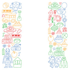 Kindergarten preschool school children. Kids drawing style vector pattern. Play grow learn together.