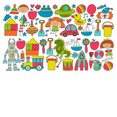 Kindergarten preschool school children. Kids drawing style vector pattern. Play grow learn together.