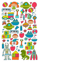 Kindergarten preschool school children. Kids drawing style vector pattern. Play grow learn together.