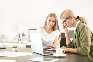 Beautiful businesswoman and her colleague discussing issue in office