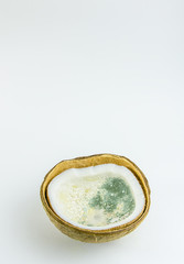 ugly food. old split coconut on a white background