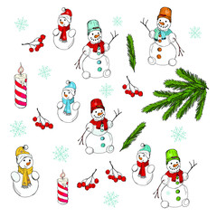 festive set,  isolated vector elements for Christmas and New year decoration, doodle. Snowmen, snowflakes