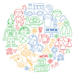 Kindergarten preschool school children. Kids drawing style vector pattern. Play grow learn together.