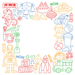 Kindergarten preschool school children. Kids drawing style vector pattern. Play grow learn together.