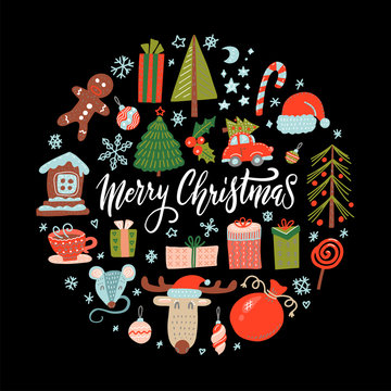 Big Collection of Winter Holidays Objects. Flat Design Vector Illustration. Set of Merry Christmas Colorful Items in circle concept.